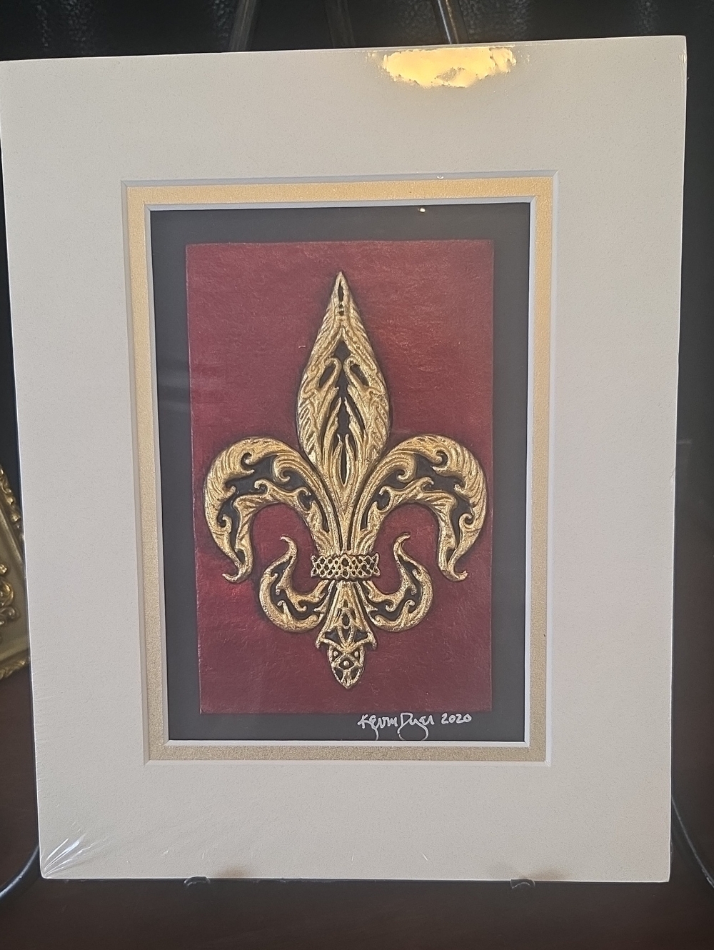 KEVIN DYER Signed Paper Casting Art Gold Fleur-de-Lis on Deep Red 2020